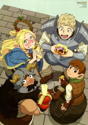 Rule 34 | 1girl, 3boys, banana, chilchuck tims, coin, dungeon meshi, eating, food, from above, fruit, highres, holding, holding coin, holding food, laios touden, looking at viewer, looking up, marcille donato, multiple boys, official art, platform, senshi (dungeon meshi), takeda naoki, third-party source, two-handed