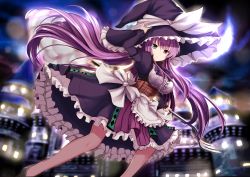 Rule 34 | 1girl, bow, breasts, female focus, frilled skirt, frills, hat, heterochromia, highres, large breasts, long hair, looking at viewer, madolche magileine, maid, moon, night, purple hair, skirt, solo, witch, witch hat, yu-gi-oh!, zheyi parker