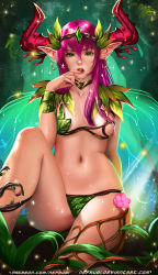 Rule 34 | 1girl, bad id, bad pixiv id, bare shoulders, bikini, breasts, choker, circlet, earrings, fairy wings, finger to mouth, green eyes, hoop earrings, horns, jewelry, lips, long hair, looking at viewer, medium breasts, navel, nefrubi, open mouth, original, pink hair, pointy ears, revealing clothes, sitting, solo, swimsuit, wings