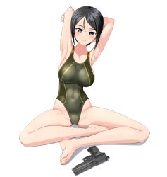 Rule 34 | 1girl, absurdres, armpits, arms behind head, barefoot, black eyes, black hair, breasts, chouno ami, commentary request, competition swimsuit, feet, girls und panzer, green one-piece swimsuit, gun, handgun, highres, indian style, looking at viewer, medium breasts, multicolored clothes, multicolored swimsuit, one-piece swimsuit, presenting armpit, short hair, sig p220/p226, sig sauer, simple background, sitting, solo, swept bangs, swimsuit, takafumi, toes, turtleneck, variant set, weapon, white background
