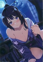 Rule 34 | 10s, 1girl, absurdres, all fours, bare shoulders, black hair, blurry, blush, breasts, cleavage, depth of field, hair ornament, hair stick, holding hands, heart, heart-shaped pupils, hibike! euphonium, highres, interlocked fingers, japanese clothes, kimono, kousaka reina, large breasts, long hair, looking at viewer, male hand, night, no bra, obi, off shoulder, out of frame, panties, ponytail, pov, purple eyes, purple hair, sash, scan, scan artifacts, smile, solo focus, symbol-shaped pupils, takeda hiromitsu, underwear, white panties, yukata