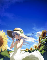Rule 34 | 10s, 1girl, bare shoulders, blue eyes, blue hair, blush, bracelet, breasts, cloud, day, dress, flower, from side, hand on headwear, hat, head tilt, hibiki (kancolle), highres, honjou masato, jewelry, kantai collection, long hair, looking at viewer, matching hair/eyes, outdoors, parted lips, sky, sleeveless, sleeveless dress, small breasts, solo, straw hat, sun hat, sundress, sunflower, white dress, wind