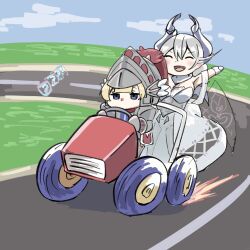 Rule 34 | 2girls, armor, blonde hair, blue eyes, blush, breasts, chibi, demon horns, demon wings, dress, drifting, driving, expressionless, fang, go-kart, grey hair, helmet, homisa mi, horns, knight, knight (yu-gi-oh!), large breasts, lovely labrynth of the silver castle, mario (series), mario k double dash!!, mario kart, medium hair, multiple girls, multiple wings, nintendo, open mouth, smile, white dress, wings, yu-gi-oh!