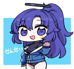 Rule 34 | 1girl, black shirt, blue archive, blue eyes, blue hair, blue jacket, blush, breasts, buruma, chan co, chibi, halo, id card, jacket, lanyard, long hair, long sleeves, looking at viewer, medium breasts, open clothes, open jacket, open mouth, ponytail, shirt, simple background, solo, two-tone background, yuuka (blue archive), yuuka (track) (blue archive)