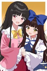 Rule 34 | 2girls, black hair, blue dress, blush, border, bow, bowtie, brown hair, commentary request, cowboy shot, dress, fairy wings, frilled shirt collar, frilled sleeves, frills, hairstyle connection, height difference, hime cut, holding hands, houraisan kaguya, juliet sleeves, long hair, long sleeves, looking at viewer, multiple girls, neck ribbon, nekokawa isugi, open mouth, pink eyes, pink shirt, puffy sleeves, red skirt, ribbon, shirt, skirt, star (symbol), star sapphire, touhou, white border, wide sleeves, wings, yellow bow, yellow bowtie, yellow eyes