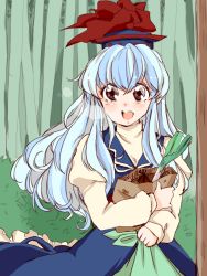 Rule 34 | 1girl, bag, bamboo, bamboo forest, blue dress, blue hair, brown eyes, commentary request, dress, female focus, forest, hat, juliet sleeves, kamishirasawa keine, komaku juushoku, long hair, long sleeves, nature, open mouth, puffy sleeves, shopping bag, smile, solo, spring onion, touhou