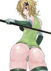 Rule 34 | 1girl, absurdres, akatsuki kirika, ass, blonde hair, blush, breasts, cameltoe, covered erect nipples, cowboy shot, from behind, green eyes, green leotard, hair ornament, highres, leotard, looking at viewer, looking back, medium breasts, open mouth, scythe, senki zesshou symphogear, shiny clothes, shiny skin, shishin (shishintei), short hair, simple background, solo, standing, striped clothes, striped thighhighs, thighhighs, white background, x hair ornament