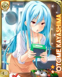 Rule 34 | 1girl, angry, apron, blue hair, card, character name, clock, day, food, frying pan, girlfriend (kari), indoors, japanese text, kayashima otome, kitchen, long hair, official art, open mouth, qp:flapper, red eyes, sink, solo, tomato, v-shaped eyebrows, very long hair