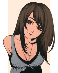 Rule 34 | 1girl, arms behind back, bare shoulders, blue dress, breasts, brown hair, buttons, cleavage, collarbone, dress, final fantasy, final fantasy viii, jewelry, leaning forward, long hair, looking at viewer, medium breasts, moshimoshibe, necklace, pillarboxed, rinoa heartilly, smile, solo, upper body