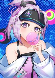 Rule 34 | 1girl, absurdres, arknights, bare shoulders, blue background, blue hair, blush, blowing bubbles, chewing gum, collarbone, hand on own cheek, hand on own face, head-mounted display, head tilt, heart, highres, jacket, k@bu, kirara (arknights), kirara (trendsetting player) (arknights), long sleeves, looking at viewer, multicolored hair, off shoulder, official alternate costume, pink hair, pink jacket, pointy ears, polka dot, polka dot background, purple eyes, short hair, solo, topknot, two-tone hair, upper body