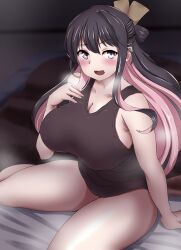Rule 34 | 1girl, absurdres, black hair, blush, bow, breasts, breath, colored inner hair, hair between eyes, hair bow, hand on own chest, highres, indoors, kantai collection, kashiwamochi (kashiwakashiwa), large breasts, leotard, long hair, looking at viewer, multicolored hair, naganami (kancolle), on bed, open mouth, pink hair, sitting, solo, two-tone hair, yellow eyes