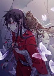 Rule 34 | 2boys, absurdres, black hair, blush, bug, butterfly, chinese clothes, closed eyes, earrings, eyepatch, highres, hua cheng, hug, hug from behind, insect, jewelry, long hair, long sleeves, male focus, multiple boys, red eyes, standing, string, string around finger, tianguan cifu, very long hair, white butterfly, wide sleeves, xie lian, yaoi