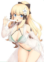 Rule 34 | 1girl, :o, b-ginga, bare shoulders, bikini, blonde hair, blue eyes, bow, breasts, cleavage, clothing cutout, cowboy shot, criss-cross halter, flower, food, green bikini, hair bow, hair flower, hair ornament, halterneck, hand up, highres, holding, holding food, large breasts, leaning forward, long hair, looking at viewer, multi-strapped bikini, navel, o-ring, o-ring bikini, open mouth, pointy ears, ponytail, popsicle, princess connect!, saren (princess connect!), saren (summer) (princess connect!), see-through, shoulder cutout, side-tie bikini bottom, sidelocks, simple background, solo, standing, stomach, swimsuit, thigh gap, thighs, white background