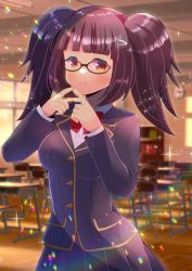 Rule 34 | 1girl, black jacket, black skirt, blazer, blunt bangs, blurry, blurry background, blush, bow, breasts, brown-framed eyewear, brown eyes, brown hair, chair, closed mouth, collared shirt, commentary request, commission, copyright request, depth of field, desk, diagonal-striped bow, dress shirt, fingers together, glasses, hair ornament, hairclip, hands up, indoors, jacket, kou hiyoyo, looking at viewer, medium breasts, pleated skirt, red bow, school chair, school desk, school uniform, shirt, skeb commission, skirt, smile, solo, sunset, twintails, white shirt, window