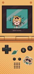 Rule 34 | 1girl, :d, blonde hair, blush, bow, brown bow, brown hairband, chameleon (chameleon0613), character name, chest sarashi, chibi, closed eyes, commentary request, game boy advance sp, green bow, hair bow, hairband, handheld game console, haori, headphones, highres, hololive, japanese clothes, kazama iroha, kazama iroha (1st costume), leaf, listening to music, multicolored bow, musical note, open mouth, pokobee, sarashi, smile, solo, sticker, teeth, upper teeth only, virtual youtuber