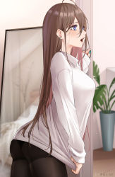 Rule 34 | 1girl, ahoge, artist name, ass, black pantyhose, blue eyes, blue nails, blurry, blurry background, blush, breasts, brown hair, commentary, cowboy shot, ear piercing, expulse, eyelashes, from side, hair between eyes, highres, indoors, lips, long hair, long sleeves, medium breasts, multicolored eyes, nail polish, nana (kurisustinah), open mouth, original, pantyhose, piercing, plant, potted plant, profile, purple eyes, solo, straight hair, sweater, thighband pantyhose, white sweater, wooden floor