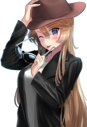 Rule 34 | 10s, 1girl, ;p, alternate costume, ao iro, black jacket, blazer, blonde hair, blue eyes, unworn eyewear, hat, highres, holding, holding clothes, holding hat, holding removed eyewear, iowa (kancolle), jacket, kantai collection, looking at viewer, one eye closed, solo, star-shaped pupils, star (symbol), sunglasses, symbol-shaped pupils, tongue, tongue out