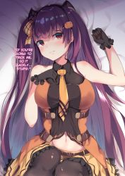 Rule 34 | 1girl, arm up, bat hair ornament, belt, black gloves, black pantyhose, blush, breasts, bushinofuji, closed mouth, commentary request, dress, food-themed hair ornament, girls&#039; frontline, gloves, hair ornament, hair ribbon, hairband, half updo, halloween, hand on own chest, hard-translated, highres, knees up, large breasts, legs together, long hair, looking at viewer, lying, necktie, on back, one side up, orange neckwear, pantyhose, pumpkin hair ornament, purple hair, red eyes, ribbon, skirt, sleeveless, solo, third-party edit, translated, very long hair, wa2000 (girls&#039; frontline)