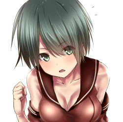 Rule 34 | 10s, 1girl, bare shoulders, blush, breasts, cleavage, clenched hand, collarbone, commentary request, detached sleeves, flying sweatdrops, green eyes, green hair, kantai collection, looking at viewer, matching hair/eyes, mogami (kancolle), open mouth, school uniform, serafuku, short hair, solo, swept bangs, tai (nazutai), upper body