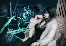Rule 34 | 1girl, arm rest, breasts, building, city, city lights, cleavage, coat, dress, ferris wheel, finger to mouth, fubuki (one-punch man), fur coat, green dress, green eyes, green hair, green thighhighs, hair between eyes, highres, horizon, indoors, jewelry, long sleeves, looking afar, medium breasts, mintbreak, necklace, night, night sky, one-punch man, parted lips, plant, popped collar, potted plant, reflection, river, short hair, side slit, sitting, sky, skyscraper, solo, thighhighs, thighs, tower, wavy hair, window