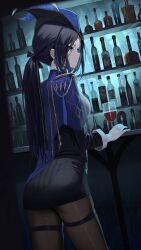 Rule 34 | 1girl, absurdres, alcohol, bar (place), black corset, black hair, black pantyhose, black ribbon, black skirt, blue cape, blue hat, bottle, cape, clorinde (genshin impact), commentary, corset, cup, dress, drinking glass, earrings, epaulettes, from behind, genshin impact, gloves, hair ribbon, hat, hidulume, highres, jewelry, long hair, low ponytail, pantyhose, pencil dress, purple eyes, ribbon, shirt, skirt, solo, thigh strap, tricorne, white gloves, white shirt, wine, wine bottle, wine glass