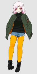 Rule 34 | 1girl, ankle boots, bad id, bad pixiv id, black footwear, black shirt, blue shorts, boots, bright pupils, cross-laced footwear, cutoffs, eyes visible through hair, full body, green jacket, hands in pockets, hato runa, highres, indie virtual youtuber, jacket, lace-up boots, pantyhose under shorts, long sleeves, looking at viewer, medium hair, okunin, open clothes, open jacket, orange pantyhose, pantyhose, pink hair, pocket, red eyes, shirt, shorts, simple background, smile, solo, turtleneck, virtual youtuber, white background, white pupils, yellow pantyhose, zipper pull tab