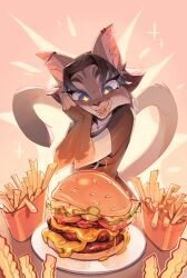 Rule 34 | + +, 1girl, animal ear fluff, animal ears, animal nose, artist name, backlighting, bacon, barbell piercing, black hair, black shirt, blue eyes, blush, body fur, breasts, burger, cat ears, cat girl, cat tail, cheese, collarbone, dated, ear piercing, earrings, fangs, female focus, food, food focus, forehead, french fries, furry, furry female, glowing, grey fur, hair intakes, hand on own cheek, hand on own face, hands up, happy, head tilt, highres, industrial piercing, jewelry, lettuce, licking lips, light blush, looking down, mayonnaise, meat, medium breasts, multicolored fur, multiple earrings, open mouth, orange background, original, own hands together, parted bangs, pickle, piercing, plate, sesame seeds, shirt, short hair, short sleeves, signature, smile, snout, solo, tail, tail raised, teeth, tomato, tongue, tongue out, ulitochka, upper body, white fur, wide-eyed