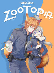 Rule 34 | 1boy, 1girl, :o, animal ears, badge, belt, belt pouch, black necktie, blue pants, blue shirt, buckle, carrot, cat princess, character name, closed mouth, coffee, collared shirt, copyright name, cowboy shot, cup, disney, dress shirt, fox tail, green eyes, grey hair, hair between eyes, hand on another&#039;s neck, hand on own hip, holding, judy hopps, legs apart, long hair, long sleeves, looking at another, looking at viewer, looking to the side, necktie, nick wilde, open mouth, orange hair, pants, personification, police, police uniform, policewoman, pouch, purple eyes, rabbit ears, shirt, smile, spill, spoilers, starbucks, tail, tail wrap, twintails, uniform, zootopia