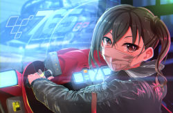 Rule 34 | 1girl, arcade, brown eyes, brown hair, commentary request, hair between eyes, highres, idolmaster, idolmaster cinderella girls, jacket, kilesha, long hair, looking at viewer, looking back, mole, mole under eye, mouth mask, playing games, screen light, solo, sunazuka akira, surgical mask, twintails, video game