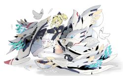 Rule 34 | 1girl, :o, bird, blonde hair, blue eyes, blush, chicken, chinese commentary, egg, highres, holding, holding egg, looking at viewer, mechanical wings, open mouth, original, platform footwear, platform heels, ponytail, sidelocks, sitting, solo, thighhighs, white background, wings, zhu fun
