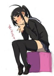 Rule 34 | 1girl, ahoge, black footwear, black hair, black shirt, black thighhighs, blush, brown eyes, commentary request, from side, fu-ta, grey sailor collar, grey skirt, loafers, looking at viewer, original, parted lips, pleated skirt, ponytail, sailor collar, school uniform, serafuku, shirt, shoes, simple background, sitting, sketch, skirt, solo, thighhighs, white background