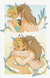 Rule 34 | 1boy, 1girl, antlers, bare shoulders, blonde hair, blue bra, blush, bra, breasts, brown hair, cleavage, couple, dragon tail, earrings, eye contact, green eyes, hair between eyes, hand on another&#039;s shoulder, heart, highres, horns, hug, jewelry, kiss, kissing cheek, light dragon (zelda), link, long hair, looking at another, medium breasts, midriff, navel, nintendo, one eye closed, outline, parted bangs, parted lips, pointy ears, princess zelda, profile, short hair, shoulder tattoo, shuo yue, sidelocks, spoilers, sweatdrop, tail, tattoo, the legend of zelda, the legend of zelda: tears of the kingdom, topless male, underwear, upper body, white outline