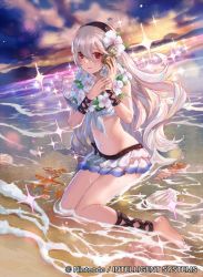 Rule 34 | 1girl, barefoot, beach, bikini, bikini skirt, blush, commentary request, company connection, conch, copyright name, corrin (female) (fire emblem), corrin (female) (summer) (fire emblem), corrin (fire emblem), feet, fire emblem, fire emblem cipher, fire emblem fates, flower, hair flower, hair ornament, hairband, holding, long hair, mayo (becky2006), navel, nintendo, ocean, official alternate costume, official art, outdoors, parted lips, partially submerged, red eyes, seashell, shell, sitting, smile, solo, sparkle, starfish, sunset, swimsuit, water, white hair