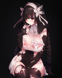 Rule 34 | 1girl, black background, black hair, black thighhighs, black veil, blush, braid, breasts, brown eyes, detached collar, detached sleeves, dress, finger to mouth, frills, hairband, jewelry, large breasts, long hair, looking at viewer, nipples, original, pendant, sakana no ike, simple background, smile, solo, thighhighs, torn clothes, torn dress, torn thighhighs, twin braids, veil, very long hair