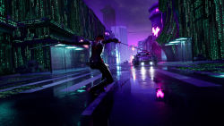 Rule 34 | 1other, absurdres, building, bus stop, car, chinese commentary, cloud, cloudy sky, cyberpunk, dual wielding, from behind, full body, golden miocola, highres, holding, holding sword, holding weapon, lamppost, motor vehicle, original, police car, puddle, rain, red hair, road, scenery, sky, street, sword, the matrix, weapon