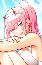 Rule 34 | 1girl, :d, blue sky, breasts, cloud, darling in the franxx, day, fang, horns, large breasts, light rays, long hair, looking at viewer, one-piece swimsuit, open mouth, pink hair, ponytail, red horns, sitting, sky, smile, solo, sunbeam, sunlight, swimsuit, toma (norishio), white one-piece swimsuit, zero two (darling in the franxx)