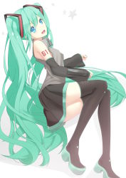 Rule 34 | 1girl, :d, absurdres, aqua hair, bare shoulders, blue eyes, boots, detached sleeves, hatsune miku, highres, koyaya, long hair, open mouth, simple background, skirt, smile, solo, thigh boots, thighhighs, twintails, very long hair, vocaloid, white background
