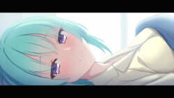 Rule 34 | 1girl, black border, blurry, blurry background, blush, border, breasts, close-up, closed mouth, collared shirt, commentary request, eyelashes, eyes visible through hair, from side, fumimaru, green hair, hair between eyes, happy, highres, indoors, large breasts, looking at viewer, lying, medium hair, on back, purple eyes, shirt, smile, solo, takadate orie, tenshi souzou re-boot!, under covers, yellow shirt