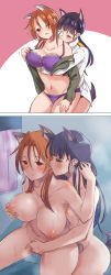 Rule 34 | 2girls, 2koma, absurdres, animal ears, areolae, bite mark, black hair, blush, bra, breast grab, breasts, collarbone, comic, completely nude, dog ears, dog girl, dog tail, ear licking, eyepatch, fingering, grabbing, highres, hug, hug from behind, huleito, indoors, large breasts, licking, lingerie, long hair, medium breasts, minna-dietlinde wilcke, multiple girls, navel, nipples, nude, one eye closed, open mouth, panties, pussy juice, red eyes, red hair, sakamoto mio, saliva, shower (place), strike witches, sweat, tail, tongue, towel, underwear, wolf ears, wolf girl, wolf tail, world witches series, yellow eyes, yuri