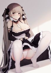 Rule 34 | 1girl, absurdres, azur lane, bare shoulders, between breasts, black dress, blush, breasts, cleavage, clothes lift, dress, dress lift, earrings, formidable (azur lane), frilled dress, frills, garter straps, grey hair, hair ribbon, highres, jewelry, jun.bit, lace, lace-trimmed legwear, lace trim, large breasts, lifting own clothes, long hair, long sleeves, looking at viewer, panties, pussy juice, pussy juice drip through clothes, red eyes, ribbon, solo, squatting, thighhighs, twintails, two-tone dress, two-tone ribbon, underwear, very long hair, white panties, white thighhighs