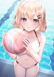 Rule 34 | 1girl, ball, bare arms, bare shoulders, beachball, bikini, black eyes, blonde hair, breasts, caustics, cleavage, collarbone, hair ornament, hairclip, halterneck, highres, hinaki (hinaki 0102), holding, large breasts, looking at viewer, mole, mole on breast, mole on thigh, mole under mouth, navel, original, parted lips, pool, short hair, solo, standing, stomach, swimsuit, thighs, water, white bikini