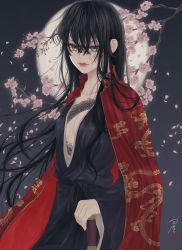 Rule 34 | 1girl, black hair, black sash, branch, breasts, center opening, cherry blossoms, chest tattoo, cleavage, cloak, closed mouth, collarbone, commentary request, cowboy shot, dragon print, dragon tattoo, floating hair, flower, full moon, grey background, hair between eyes, highres, holding, holding sword, holding weapon, japanese clothes, long hair, long sleeves, looking at viewer, moon, open cloak, open clothes, original, petals, pink flower, print cloak, red cloak, sash, seal impression, signature, small breasts, solo, standing, sword, tattoo, ushiyama ame, very long hair, weapon, wide sleeves, yellow eyes