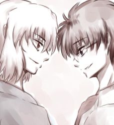 Rule 34 | 00s, 2boys, black hair, blue eyes, eye contact, glasses, japanese clothes, looking at another, lowres, mii elene, multiple boys, open clothes, open shirt, red eyes, shirt, short hair, smile, tohno shiki, tohno shiki (2), tsukihime, white background, white hair