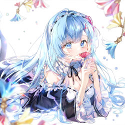 Rule 34 | 1girl, alternate hairstyle, black dress, black sleeves, blue eyes, blue flower, blue hair, blurry, blurry foreground, breasts, bubble, cleavage, commentary, covering own mouth, daisy, detached sleeves, dress, eyelashes, flower, holding, holding flower, long hair, looking at viewer, lying, maid, maid headdress, medium breasts, on stomach, pingo, re:zero kara hajimeru isekai seikatsu, red flower, rem (re:zero), simple background, solo, symbol-only commentary, upper body, very long hair, white background, yellow flower