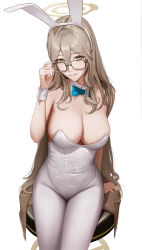 Rule 34 | absurdres, akane (blue archive), akane (bunny) (blue archive), animal ears, aqua bow, aqua bowtie, bar stool, black-framed eyewear, blue archive, bow, bowtie, breasts, brown shawl, cleavage, detached collar, fake animal ears, glasses, halo, highres, large breasts, leotard, official alternate costume, pantyhose, playboy bunny, rabbit ears, shawl, sitting, stool, strapless, strapless leotard, traditional bowtie, white leotard, white pantyhose, wrist cuffs, yoroshinbo