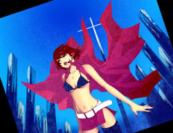 Rule 34 | 1girl, bad id, bad pixiv id, bikini, bikini top only, breasts, cape, cleavage, cross, female focus, headphones, meiko (vocaloid), microphone, navel, nayu, outdoors, red eyes, red hair, short hair, side slit, sky, solo, swimsuit, thighhighs, vocaloid