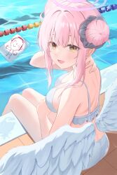 Rule 34 | 1girl, absurdres, alternate costume, angel wings, bare legs, bikini, blue archive, breasts, doodle sensei (blue archive), halo, highres, junsick, large breasts, looking at viewer, paper, pink hair, pool, sensei (blue archive), sitting, solo, swimsuit, twitter, white bikini, wings, yellow eyes