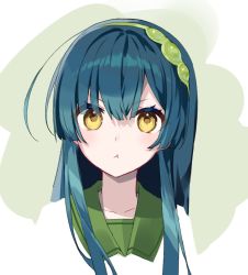 Rule 34 | 1girl, :t, blue hair, character request, closed mouth, collarbone, copyright request, eyelashes, green background, green sailor collar, headdress, highres, kitsune ncv, long hair, looking at viewer, pout, sailor collar, school uniform, serafuku, simple background, solo, straight hair, upper body, v-shaped eyebrows, white background, yellow eyes