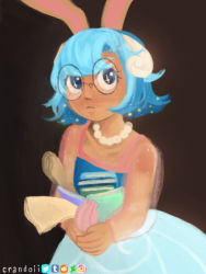 Rule 34 | 1girl, animal ears, blue dress, blue hair, book, brown background, rabbit, crandoii, cucumber quest, dress, frown, glasses, jewelry, necklace, pearl necklace, princess nautilus, rabbit ears, rabbit girl, shell phone, solo, sparkly hair, too much stuff