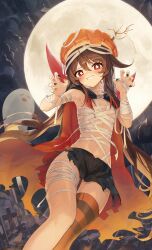 Rule 34 | 1girl, absurdres, alternate costume, bandage on thigh, bandages, black nails, black skirt, blush, boo tao (genshin impact), breasts, bright pupils, brown hair, cape, claw pose, feet out of frame, flower-shaped pupils, full moon, genshin impact, grin, halloween, highres, hu tao (genshin impact), long hair, looking at viewer, moon, multicolored nails, naked bandage, navel, night, night sky, orange eyes, orange headwear, orange nails, pellas (panix2383), pumpkin hat, single thighhigh, skirt, sky, small breasts, smile, solo, striped clothes, striped thighhighs, symbol-shaped pupils, thighhighs, tombstone, torn clothes, torn skirt, twintails, white pupils